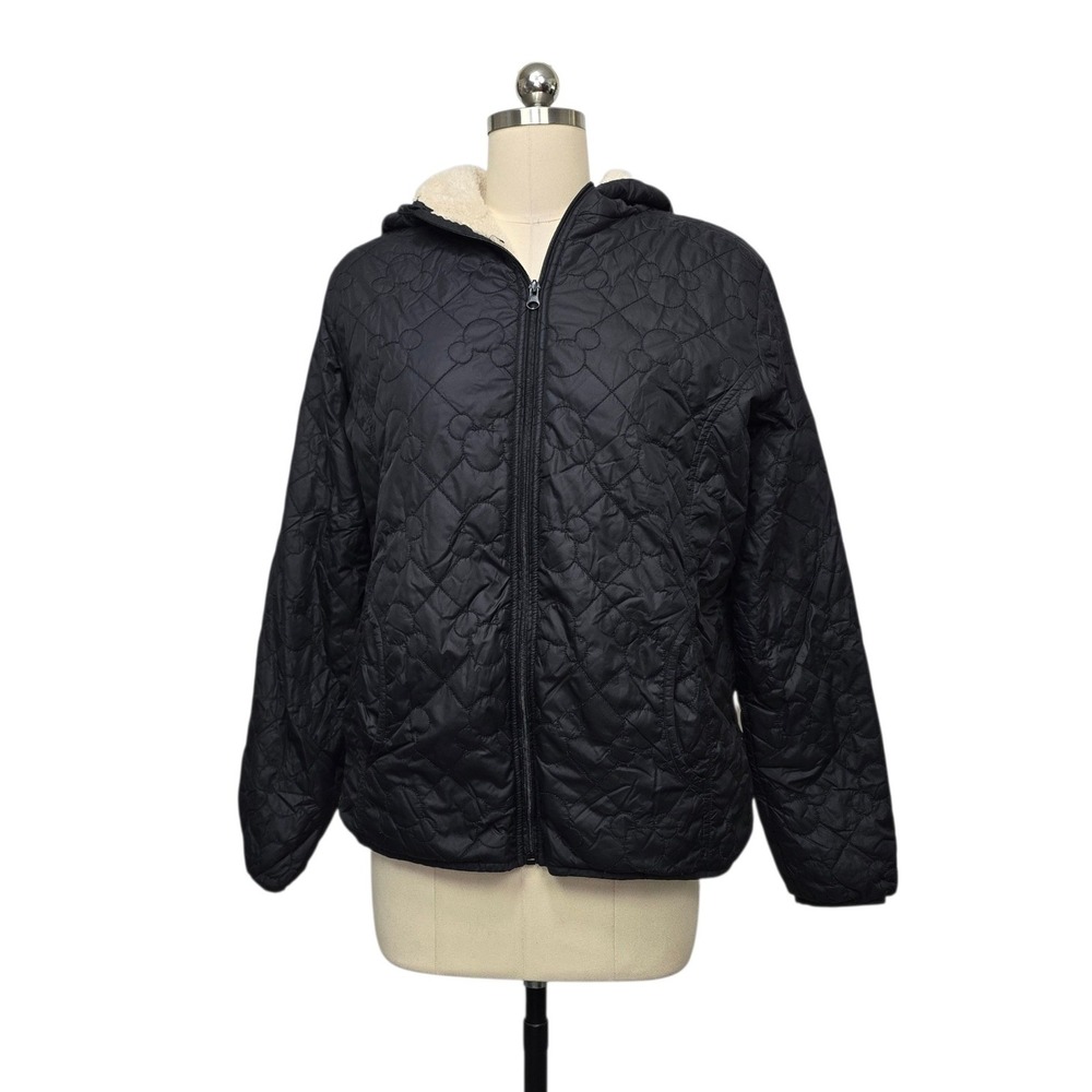 Disney Parks Mickey Mouse Quilted Sherpa Lined Hooded Jacket Black Womens Large
